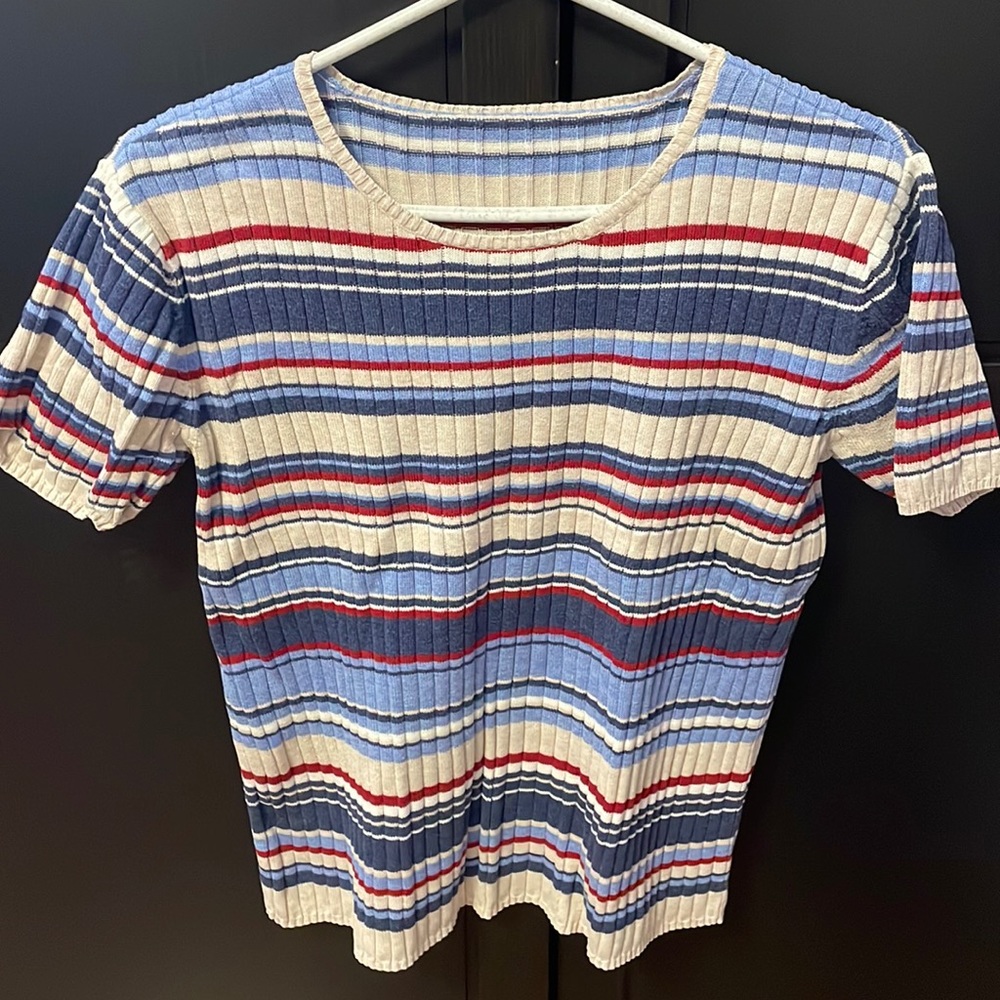 Womens short sleeve sweater with stripes & lots of stretch. No size or brand.